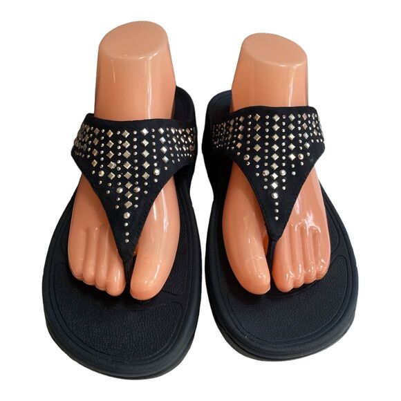FitFlop Navy Suede Studded Wedge Sandals US9 EU41 Thong Slide Microwobbleboard - Picture 1 of 12